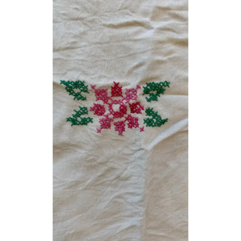 Vintage Cross Stitch Linen Table Topper 32x32 Cottagecore Primitive Farmhouse